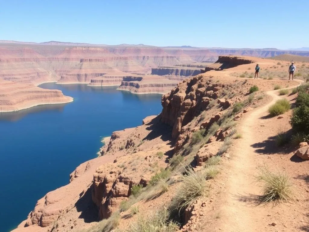 Hikers on a trail at Lake Meredith with panoramic views of the lake and canyons