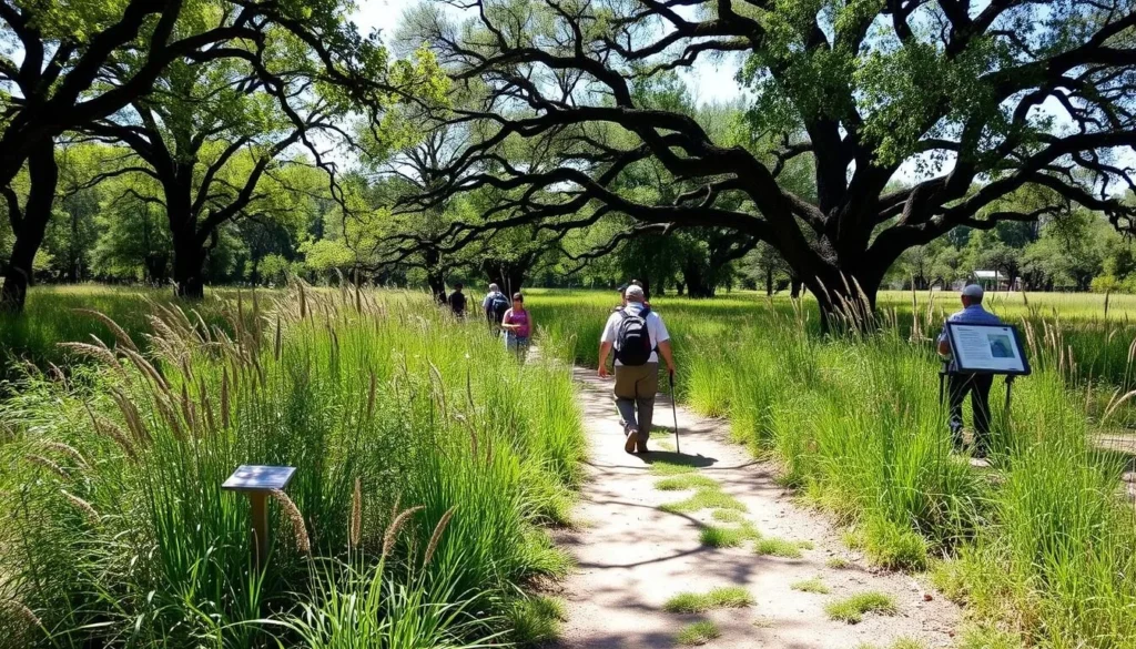 Hikers on a trail at Mockingbird Nature Park in Midlothian surrounded by native Texas vegetation