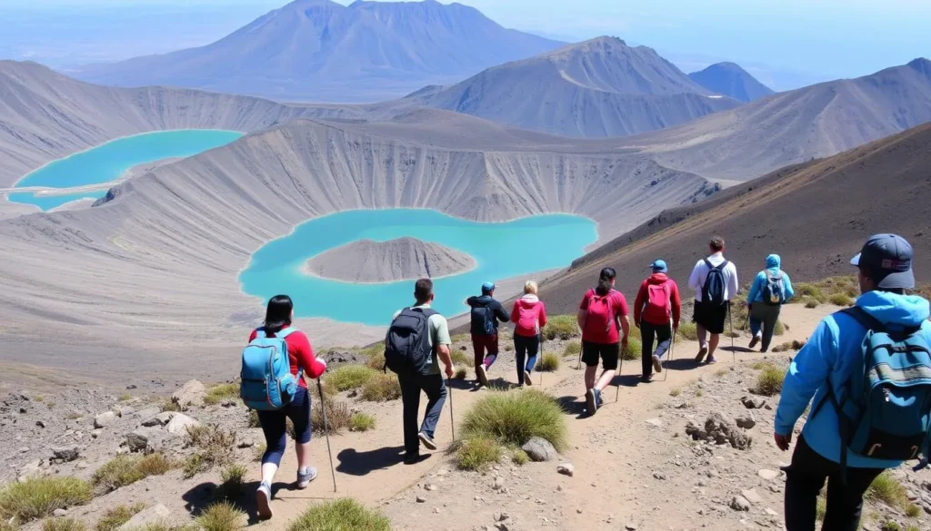 Hikers on a trail at Nevado de Toluca with crater lakes visible in Mexico State Hikers on a trail at Nevado de Toluca with crater lakes visible in Mexico State
