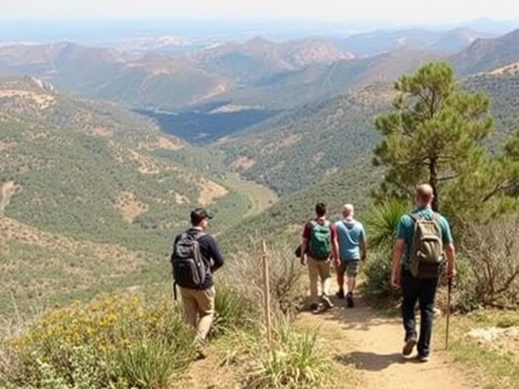 Hikers on a trail in Ajloun with panoramic valley views Hikers on a trail in Ajloun with panoramic valley views