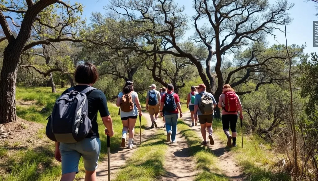 Hikers on a trail in Austin Creek State Recreation Area with oak woodlands