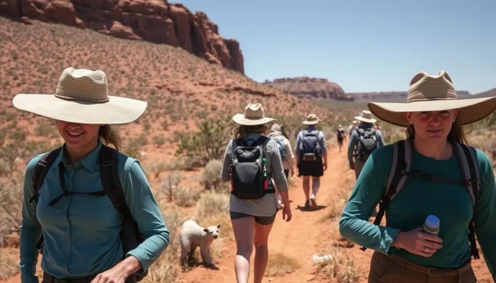 Hikers on a trail in Boodjamulla National Park with proper sun protection gear
