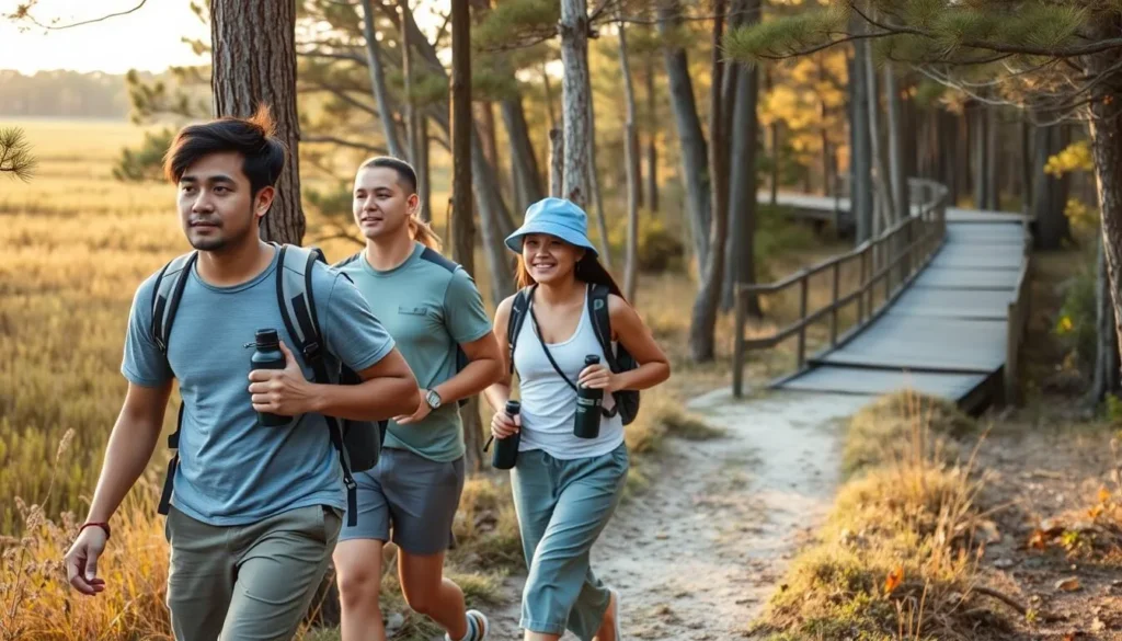 Hikers on a trail in Charlotte Harbor Preserve State Park with observation boardwalk visible in the background Hikers on a trail in Charlotte Harbor Preserve State Park with observation boardwalk visible in the background