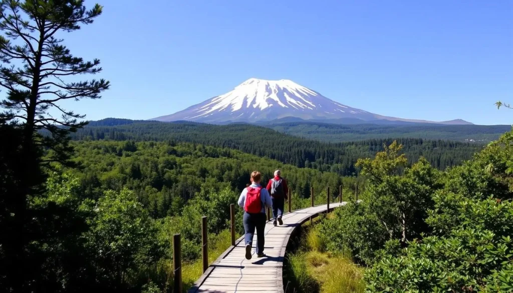 Hikers on a trail in Egmont National Park with Mount Taranaki in background - best things to do in New Plymouth New Zealand Hikers on a trail in Egmont National Park with Mount Taranaki in background - best things to do in New Plymouth New Zealand
