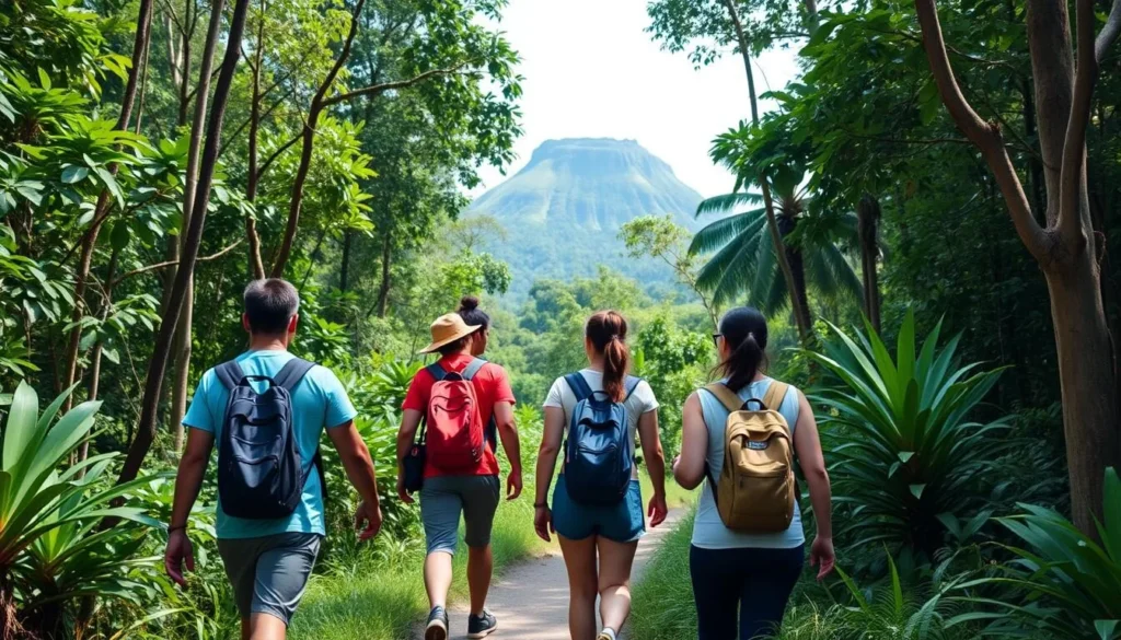 Hikers on a trail in El Yunque with diverse group of tourists exploring the mountain