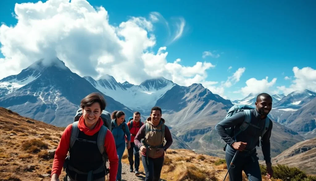 Hikers on a trail in Glencoe with mountains in background