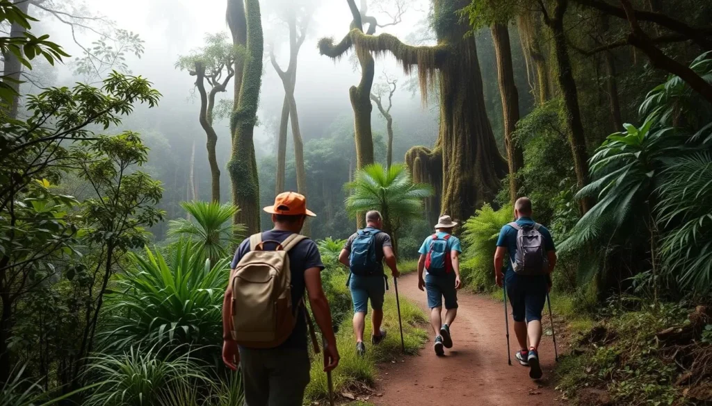 Hikers on a trail in La Muralla National Park with lush vegetation