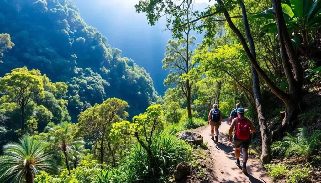 Hikers on a trail in Lamington National Park near Canungra Queensland Hikers on a trail in Lamington National Park near Canungra Queensland