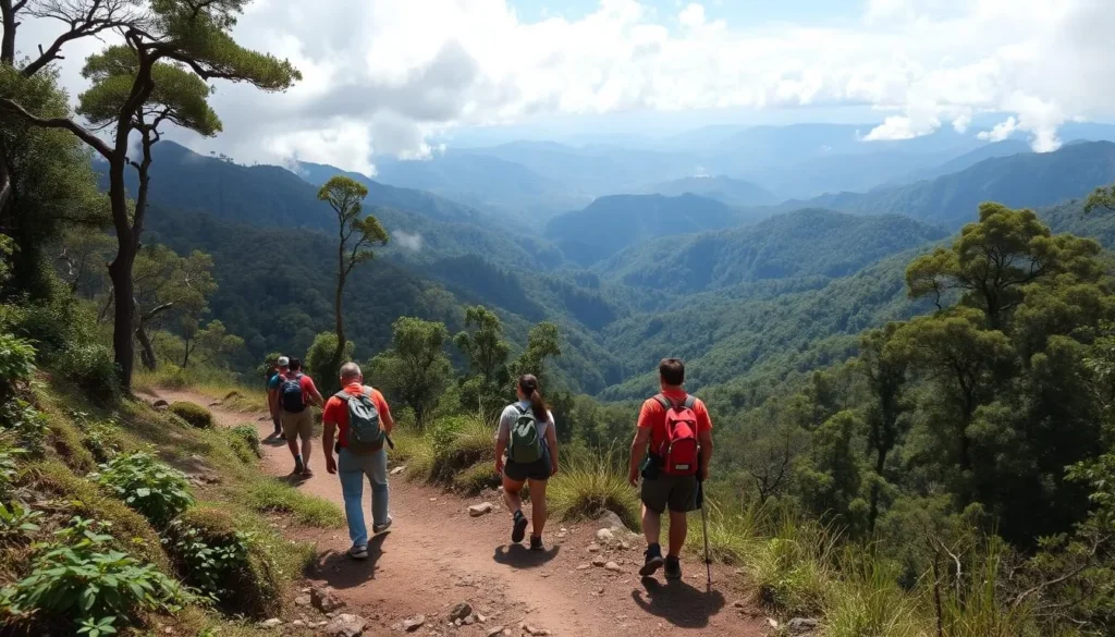Hikers on a trail in Montana de Yoro National Park with views of the cloud forest