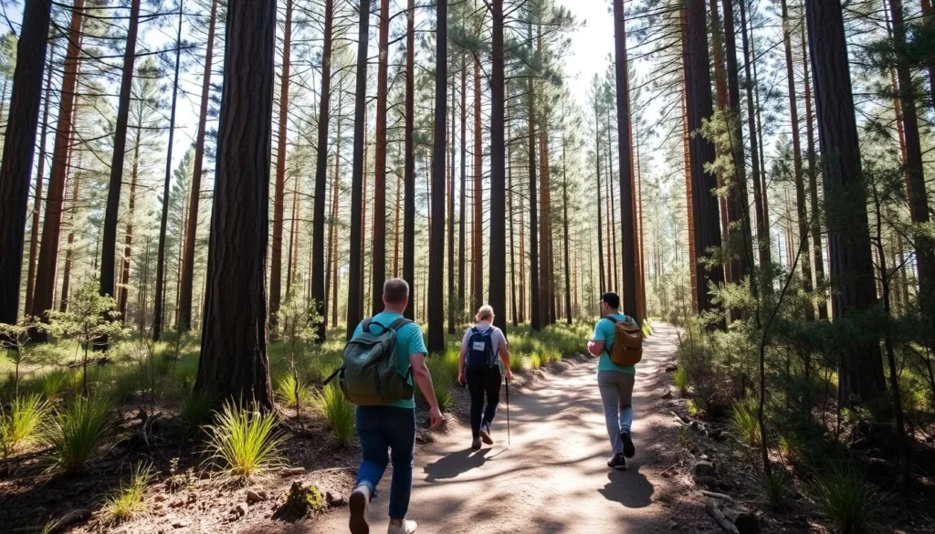 Hikers on a trail in Mount Crawford Forest with sunlight filtering through tall pine trees in South Australia