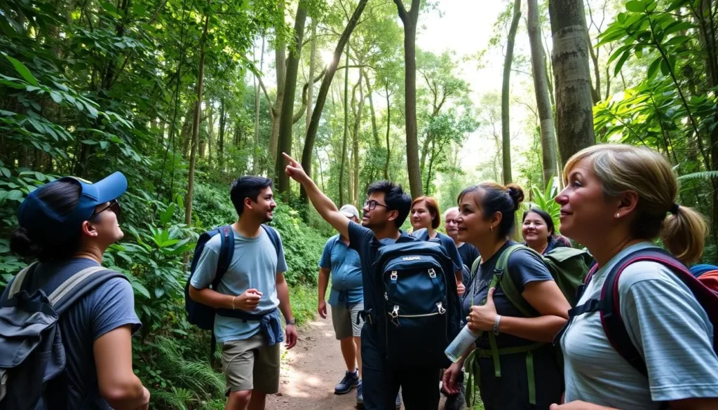 Hikers on a trail in Pico Pijol National Park with a guide pointing out wildlife