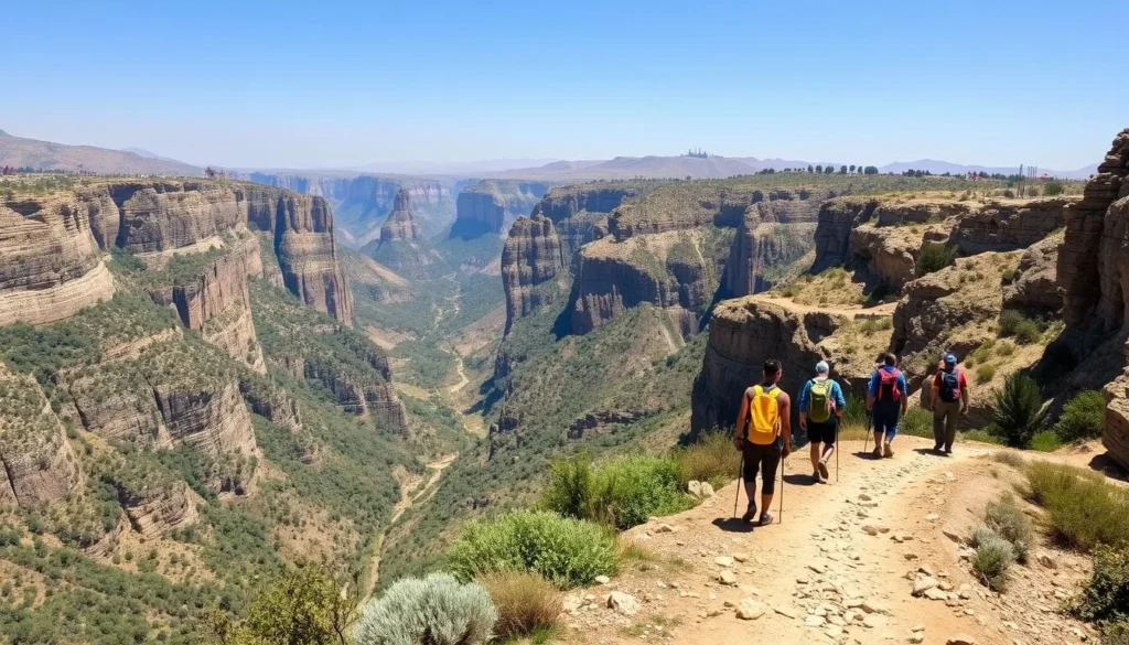 Hikers on a trail in Qadisha Valley with panoramic views of the gorge and monasteries Hikers on a trail in Qadisha Valley with panoramic views of the gorge and monasteries