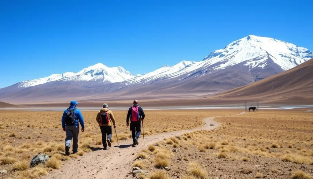 Hikers on a trail in Sajama National Park with mountains in the background