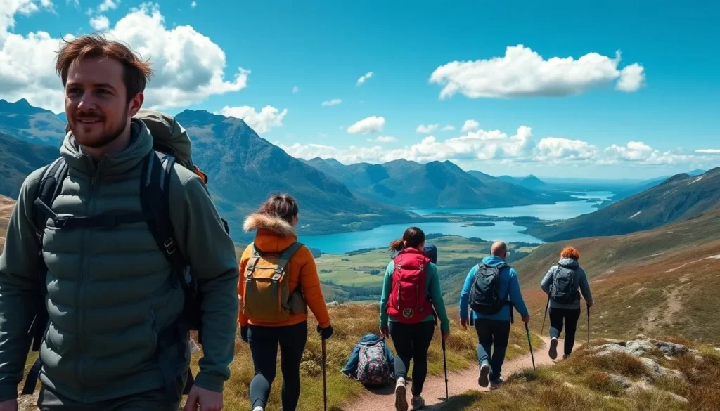 Hikers on a trail in Snowdonia National Park in Wales, United Kingdom with mountains and lakes