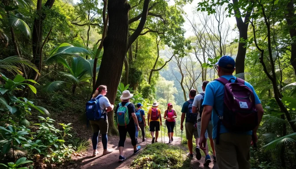 Hikers on a trail in Wallings Nature Reserve with tropical forest views