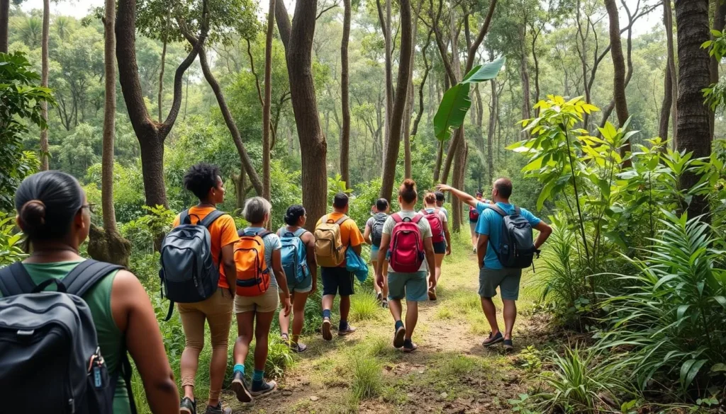 Hikers on a trail in Zahamena National Park with a local guide pointing out wildlife