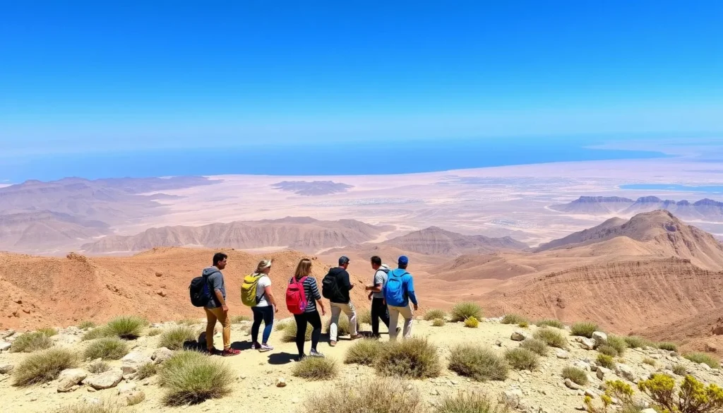 Hikers on a trail in the Hajar Mountains near Dibba with panoramic views