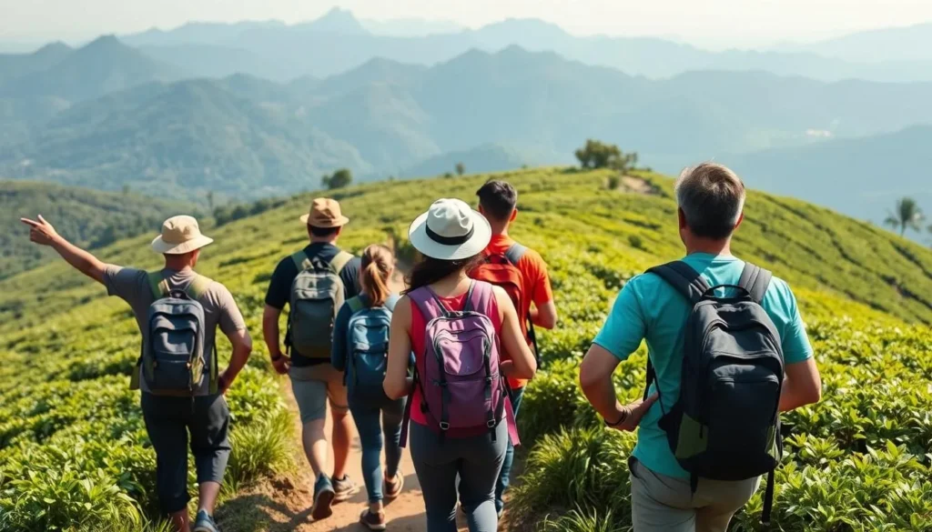 Hikers on a trail in the Hantana Mountain Range with guide pointing out landmarks