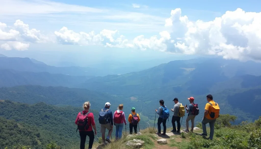 Hikers on a trail in the Sarawat Mountains with panoramic views of valleys below