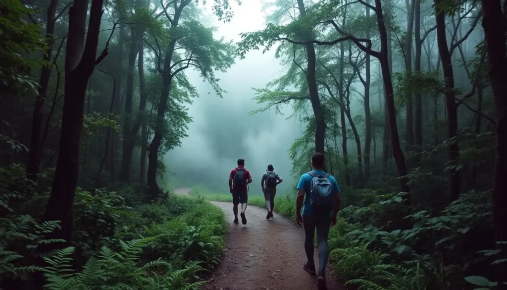 Hikers on a trail in the cloud forest of Cordillera Central Mountain Range, Puerto Rico