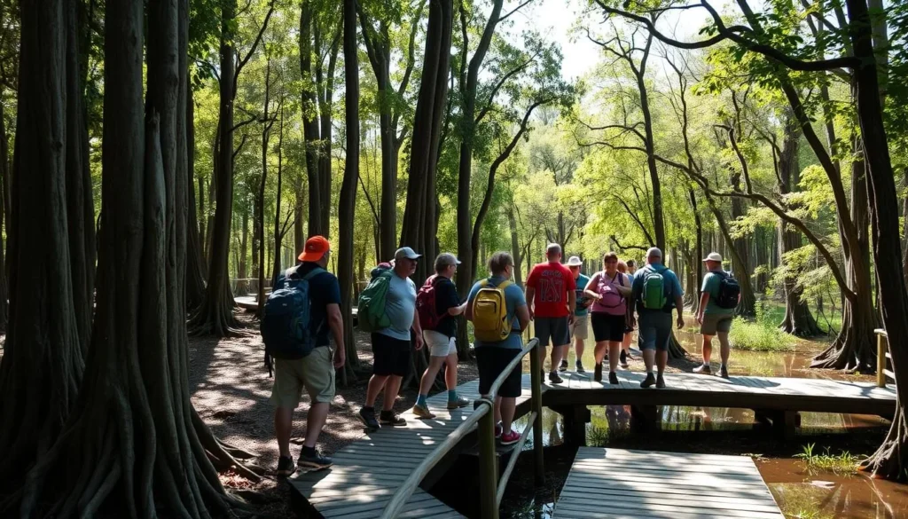 Hikers on a trail through cypress domes at Colt Creek State Park