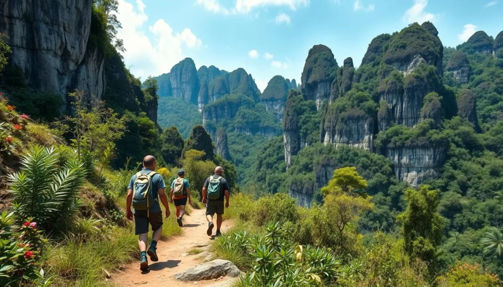 Hikers on a trail through the karst landscape of Bantimurung-Bulusaraung National Park
