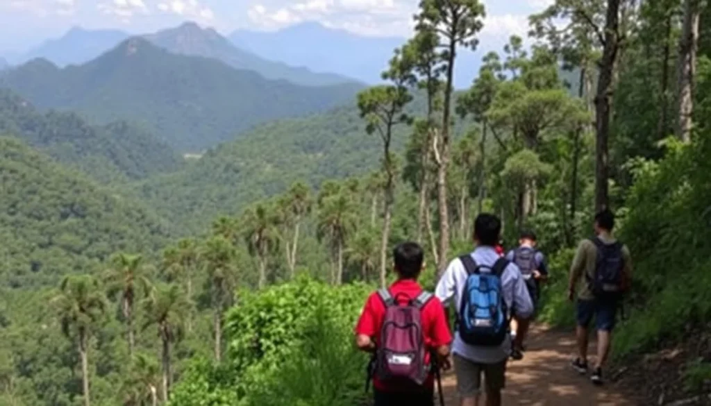 Hikers on a trail to Mount Galunggung with scenic forest views