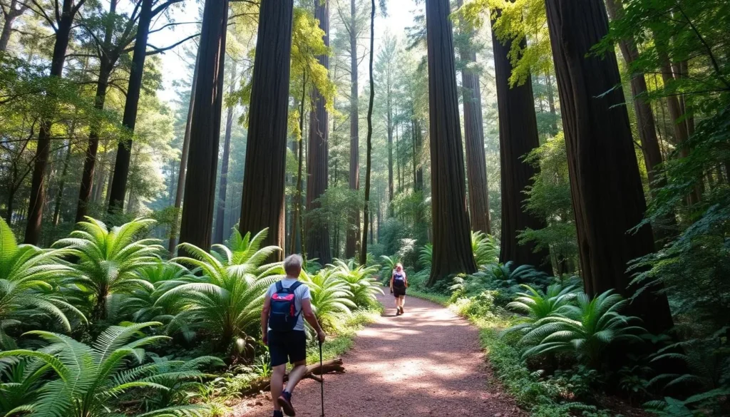 Hikers on a walking trail through rainforest in Bunya Mountains National Park