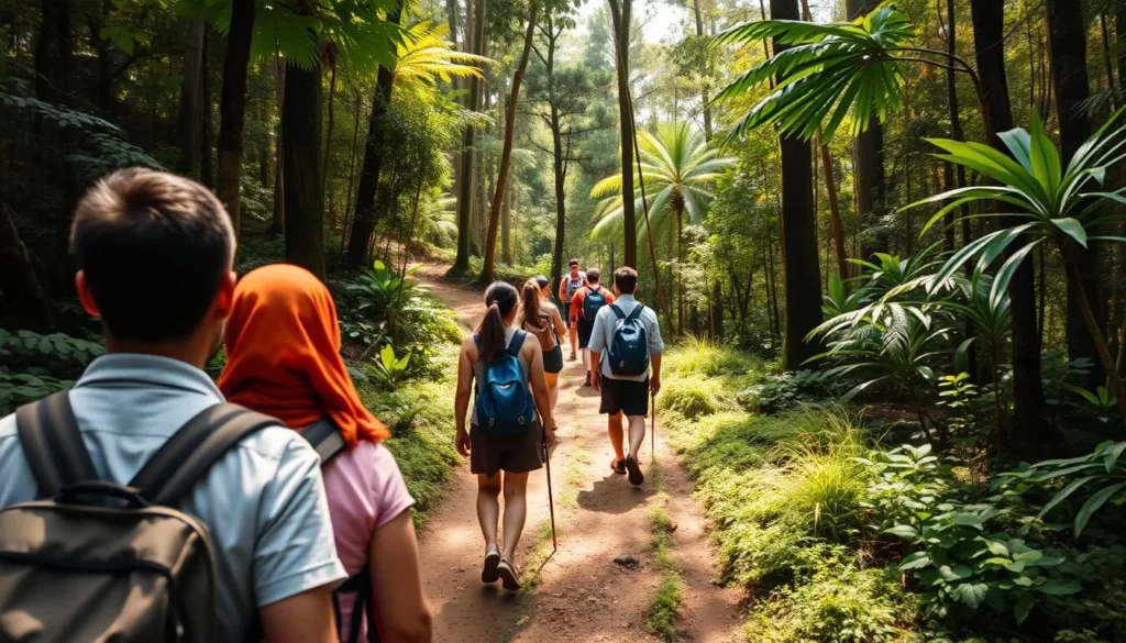 Hikers on a well-maintained trail in Mount Gede Pangrango National Park Hikers on a well-maintained trail in Mount Gede Pangrango National Park
