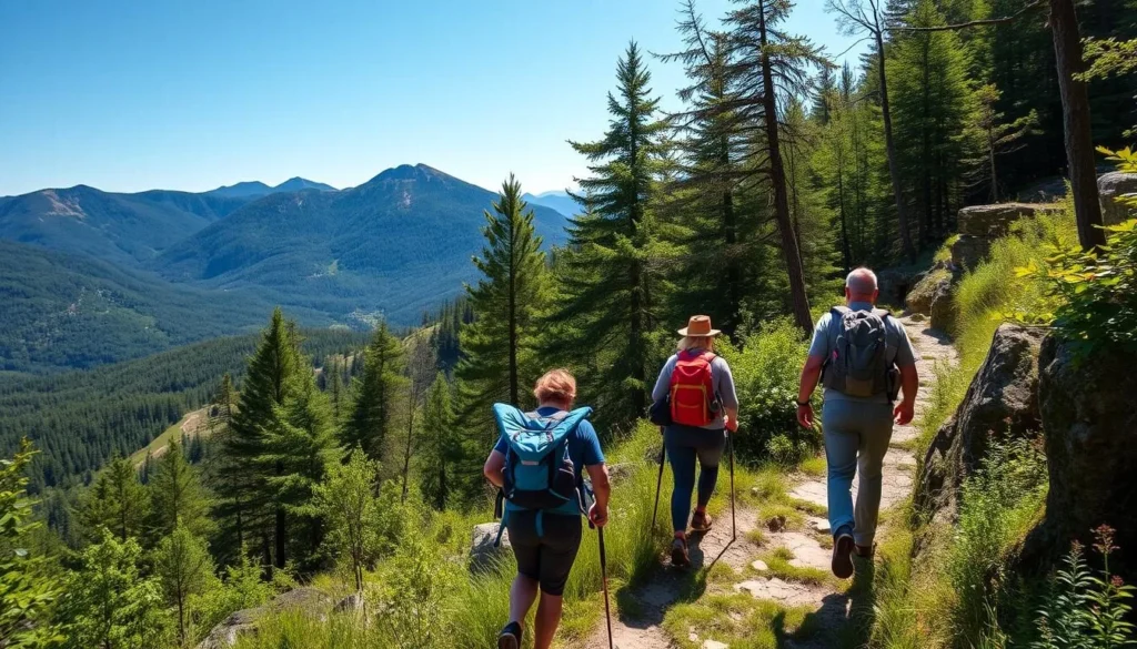 Hikers on a well-maintained trail in Smugglers Notch State Park with mountain views