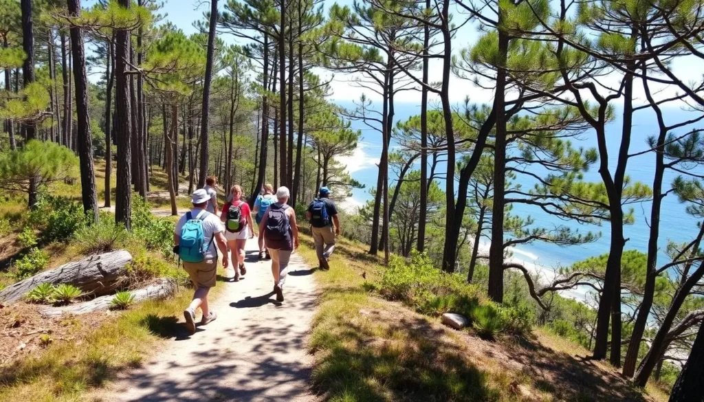 Hikers on nature trail at Bald Point State Park Florida with coastal views