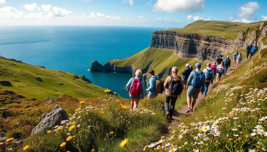 Hikers on the Anglesey Coastal Path with dramatic cliff views