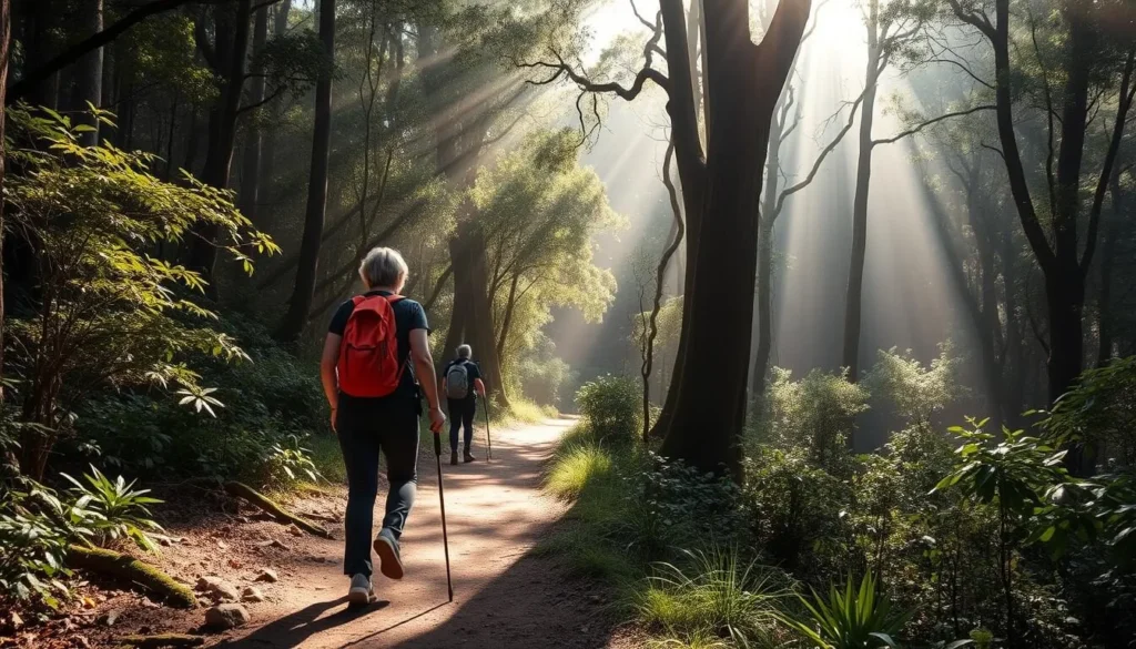 Hikers on the Border Track in Lamington National Park with sunlight filtering through trees
