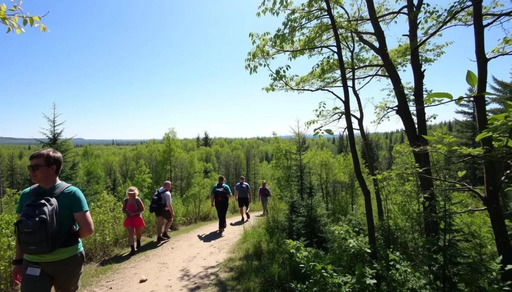 Hikers on the Bruce Trail section near Cheltenham Badlands surrounded by forest