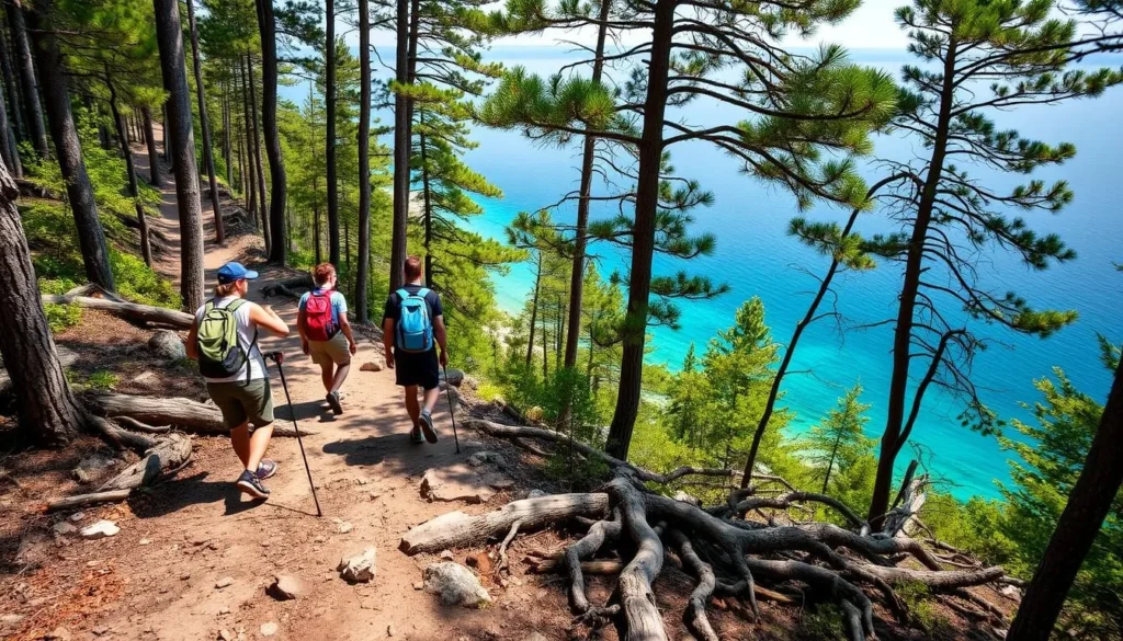 Hikers on the Bruce Trail with views of Georgian Bay at Bruce Peninsula National Park Hikers on the Bruce Trail with views of Georgian Bay at Bruce Peninsula National Park