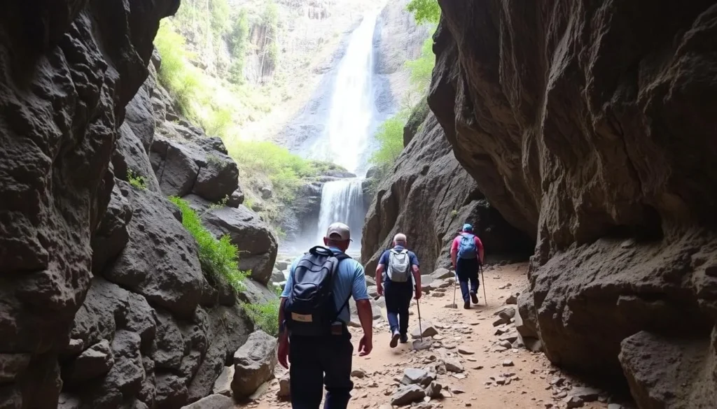 Hikers on the Canyon Floor Trail at Basaseachic Falls National Park with the waterfall visible in the background