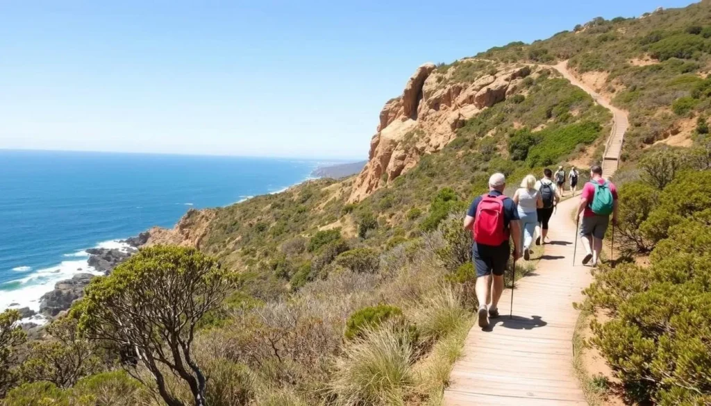 Hikers on the Coast Track in Royal National Park with ocean views