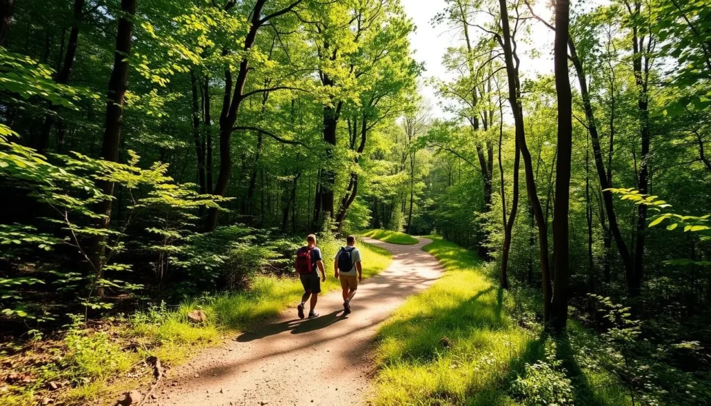 Hikers on the Collins River Nature Trail at Rock Island State Park surrounded by lush forest Hikers on the Collins River Nature Trail at Rock Island State Park surrounded by lush forest