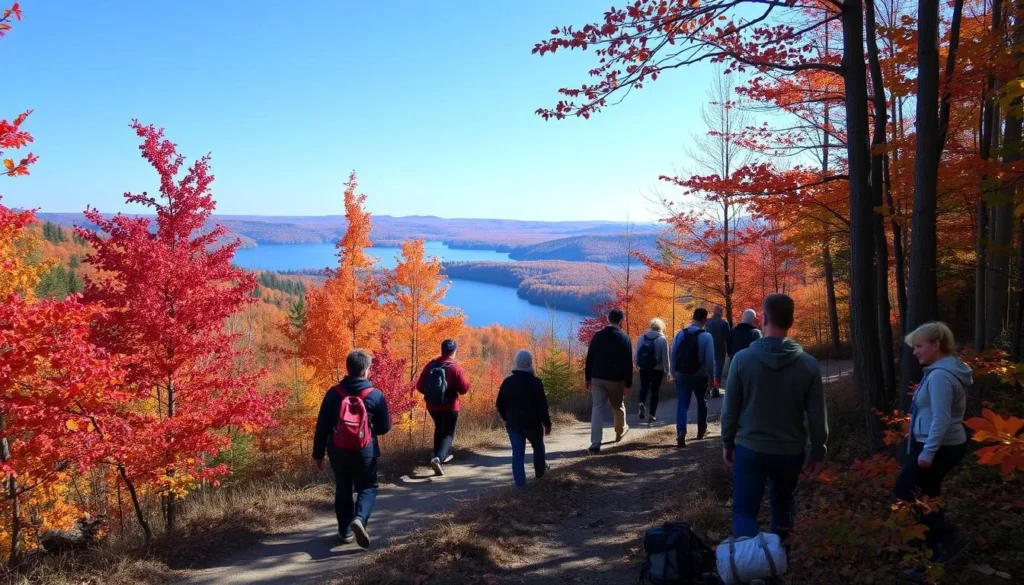 Hikers on the Cranberry Trail near Lake Nipissing in autumn