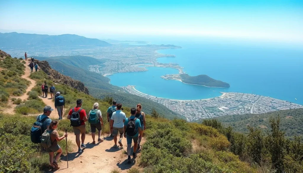 Hikers on the Darb el Sama trail with panoramic views of Jounieh Bay and the Mediterranean coastline Hikers on the Darb el Sama trail with panoramic views of Jounieh Bay and the Mediterranean coastline
