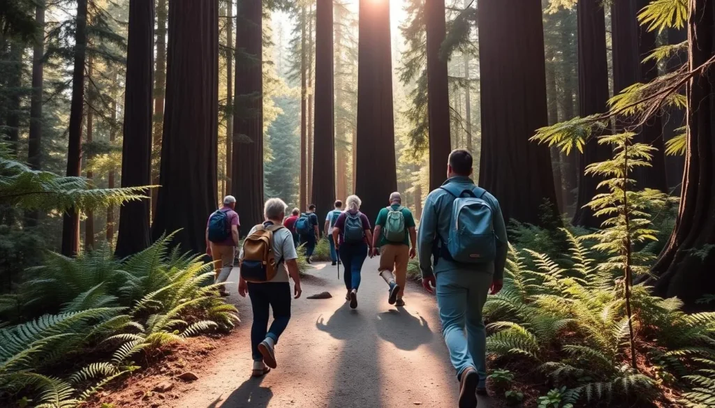 Hikers on the East Ridge Trail in Armstrong Redwoods with sunlight filtering through the redwood canopy