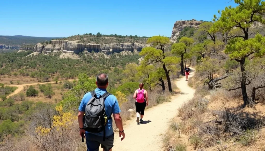 Hikers on the East Trail at Lost Maples State Natural Area with limestone cliffs and maple trees