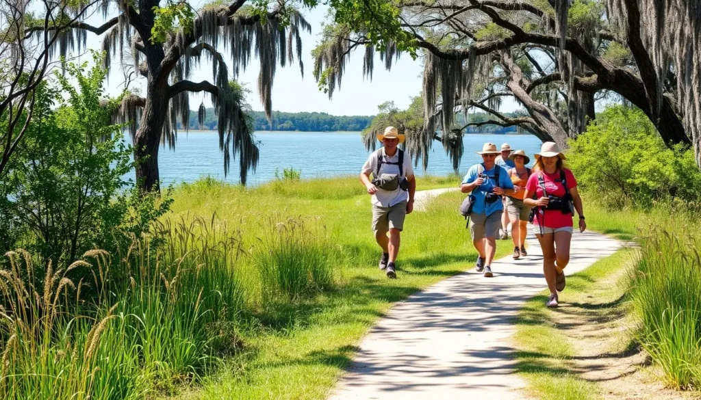 Hikers on the Elm Lake Loop trail at Brazos Bend State Park