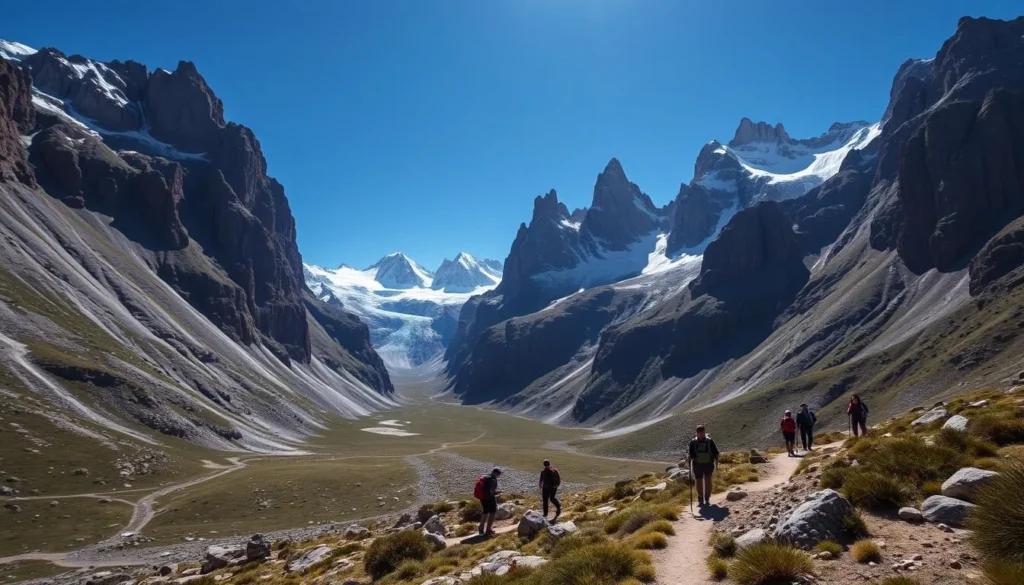 Hikers on the French Valley trail with dramatic mountain scenery and hanging glaciers visible
