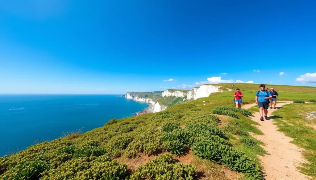 Hikers on the GR21 coastal path near Etretat enjoying panoramic views during a weather-savvy trip Hikers on the GR21 coastal path near Etretat enjoying panoramic views during a weather-savvy trip
