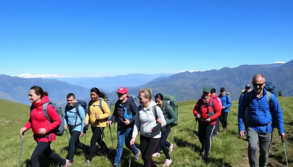 Hikers on the Gangtey Nature Trail with views of the valley and Black Mountains
