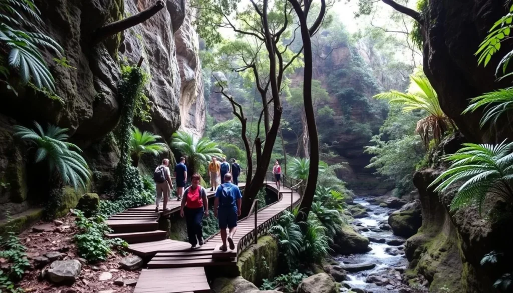 Hikers on the Grand Canyon Walking Track in Blue Mountains National Park surrounded by lush ferns and sandstone walls Hikers on the Grand Canyon Walking Track in Blue Mountains National Park surrounded by lush ferns and sandstone walls