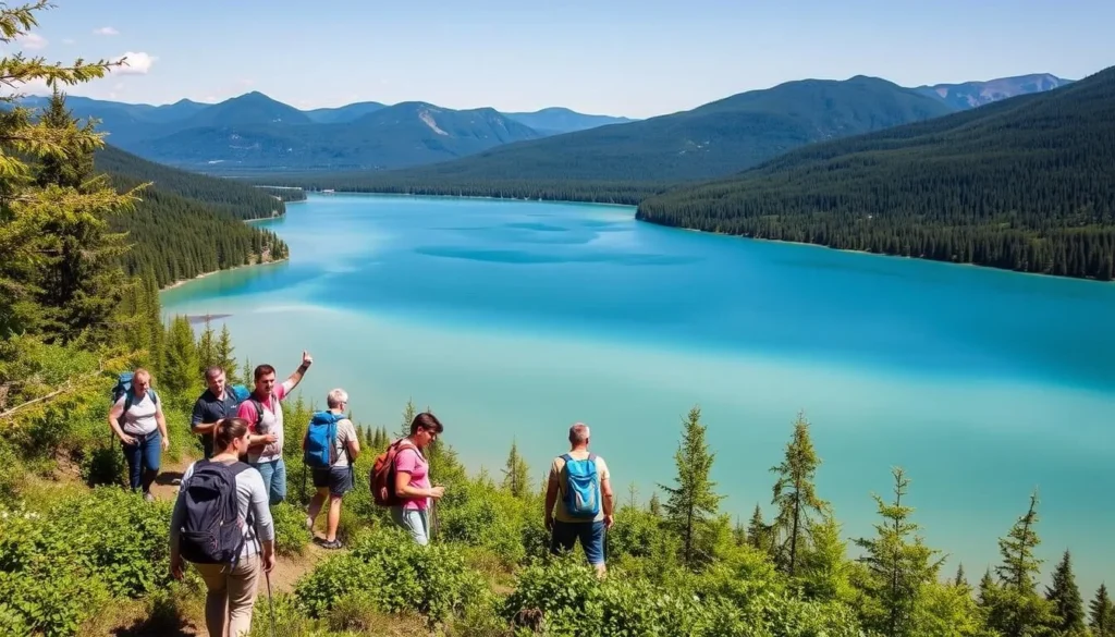 Hikers on the Great Baikal Trail with Lake Baikal visible in the background Hikers on the Great Baikal Trail with Lake Baikal visible in the background