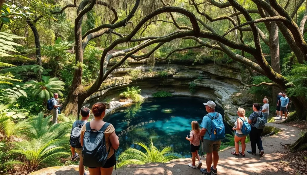 Hikers on the Green Sink Trail observing a sinkhole with lush vegetation