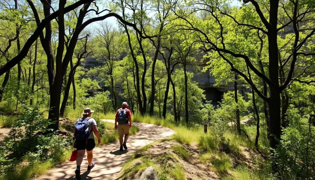 Hikers on the Homestead Trail at McKinney Falls State Park with limestone formations visible Hikers on the Homestead Trail at McKinney Falls State Park with limestone formations visible